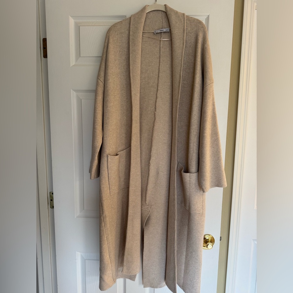 Mango Open-Front Long Cardigan in Light Beige